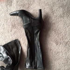 Calf length black zip up boots w silver decoration